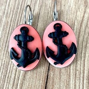 Pink and Black Anchor Cameo Stainless Steel Lever Back Earrings, Handmade, NWT